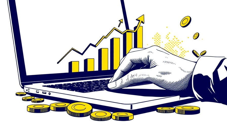 Illustration of a hand on laptop with financial graph for Google AI monetization.
