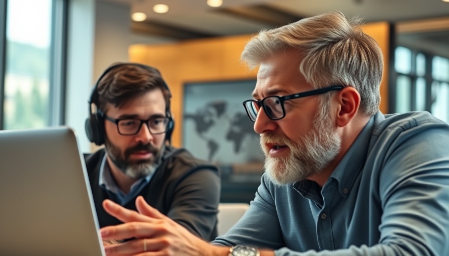 Engrossed men discussing rapid tech changes; video call setting.