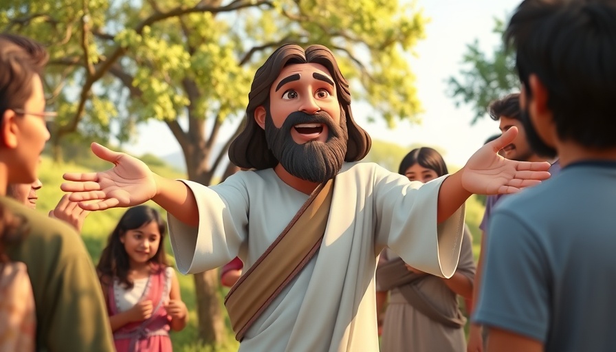 Cartoon Jesus teaching followers outdoors, Staying Close to Jesus in the SDA Community.