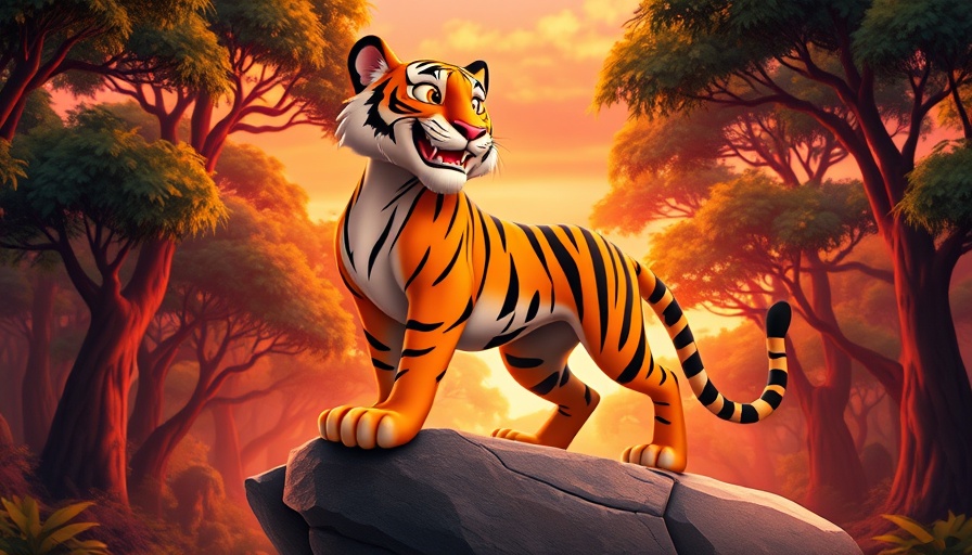 Animated tiger from Superbook's God Is Our Creator in sunset forest.