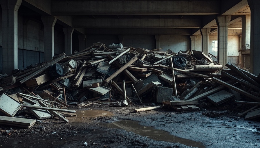Aftermath of drone attacks in Ukraine showing debris in a warehouse.