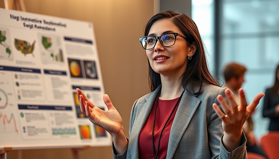 Professional woman presenting research findings at medical conference.