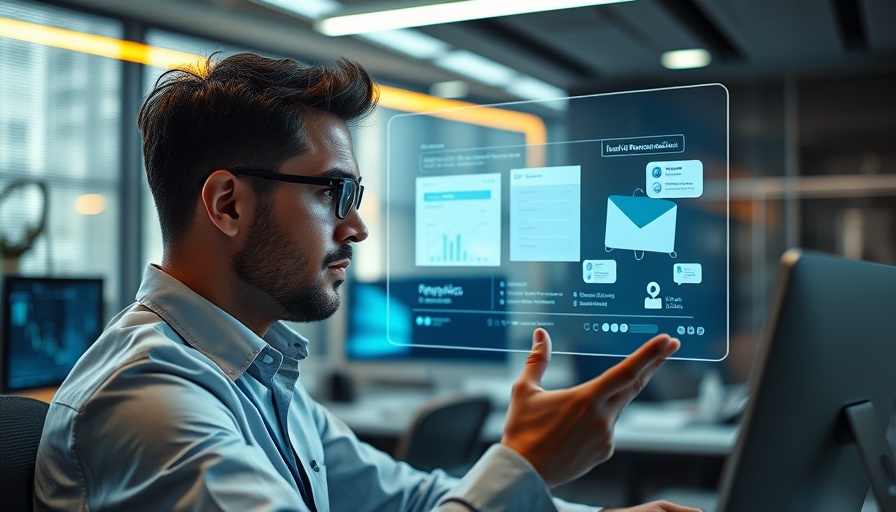 Futuristic workspace with holographic email analytics display.