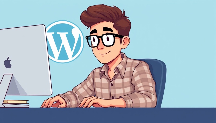 Illustrated person using computer, WordPress logo background, essential WordPress plugins theme