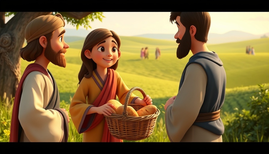 Animated scene of Jesus feeding the hungry in a lush landscape.
