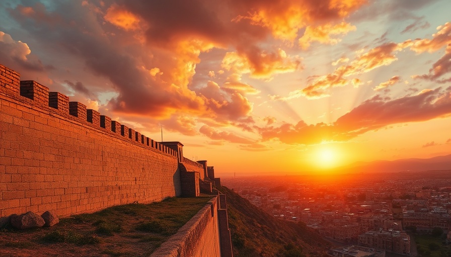 Dramatic ancient city walls with vibrant sunset, Rahab's journey.
