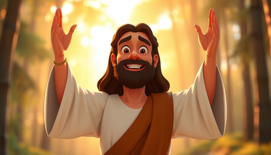 Animated Jesus smiling with arms raised, forest background.