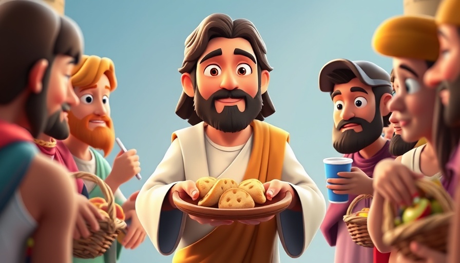 Animated Jesus feeds the hungry in vibrant cartoon scene.
