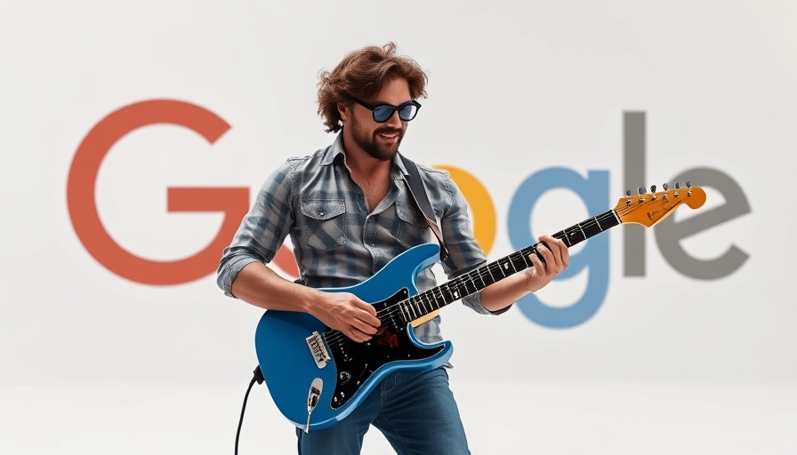 Enthusiastic guitarist playing before Google logo.