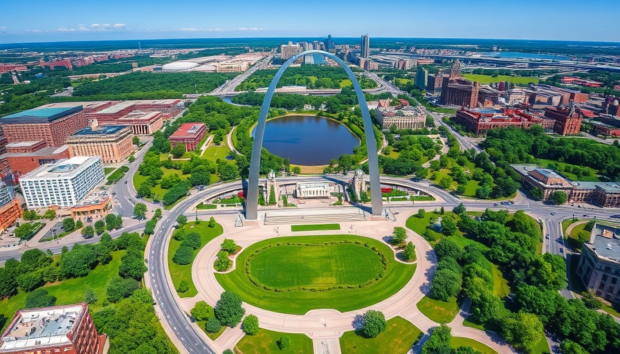 Aerial view of St. Louis with Gateway Arch for SDA Treasurers Report 2025