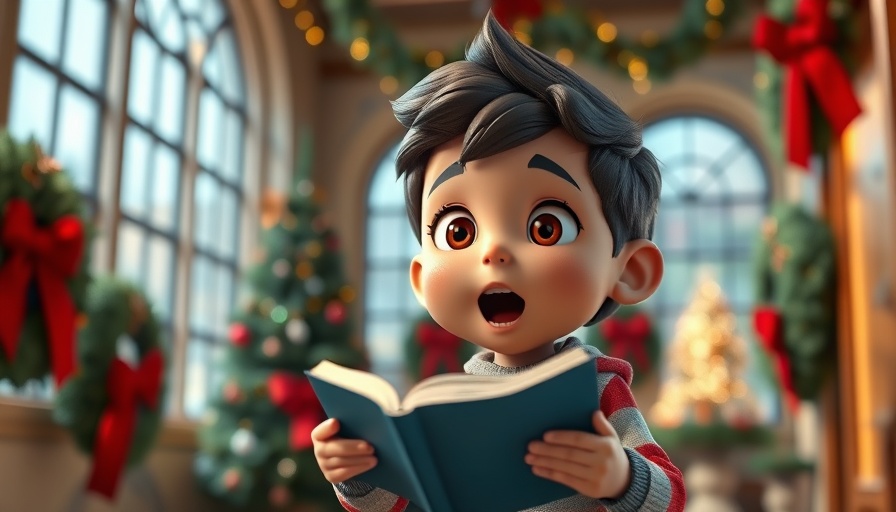 Animated boy in festive room holding a book, thanking Jesus for salvation.