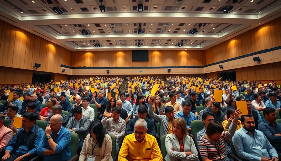 GC Session 2025 SDA updates: large audience in conference hall raising yellow cards.