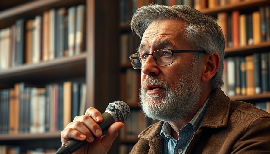 Middle-aged man discussing AI and Bitcoin in a cozy library, SEO Keyword: Adapting to AI and Bitcoin.