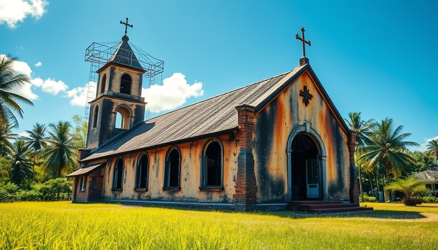 St. Lucia church fire aftermath in a lush setting.