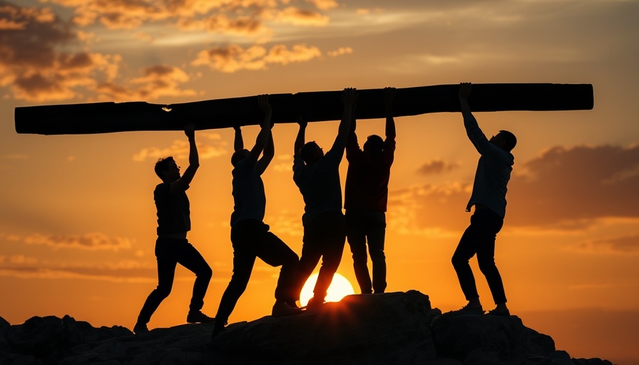 Silhouetted figures in teamwork supporting plank at sunset.