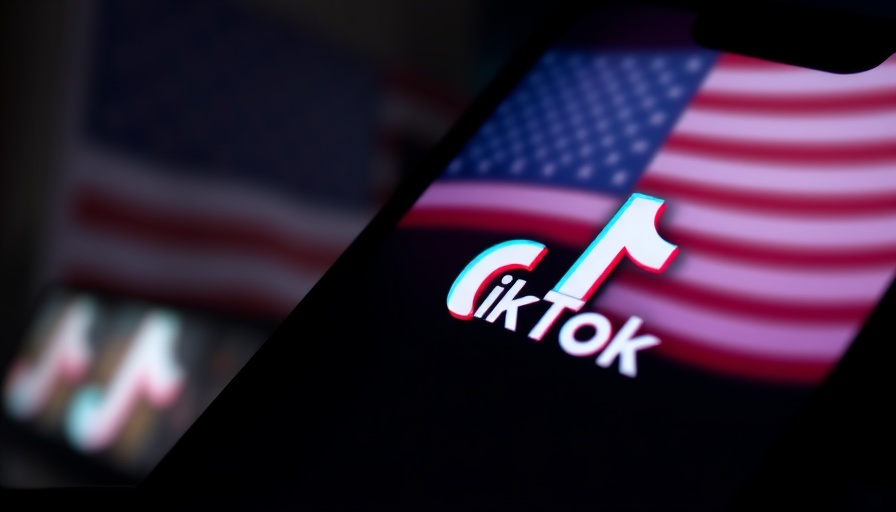 TikTok app logo on phone screen, U.S. flag background, dim lighting.
