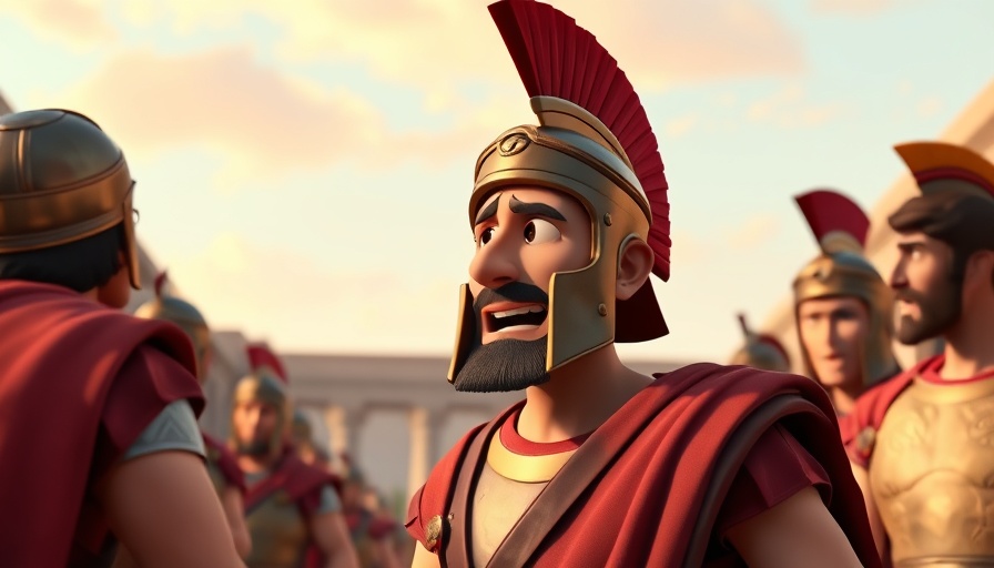 Animated Roman centurion discussing orders in ancient setting.