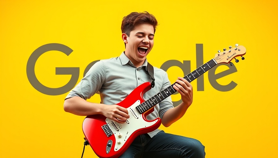 Enthusiastic man playing keyboard guitar in front of Google logo background, AI won't replace the need for SEO.