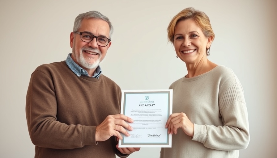 Middle-aged couple smiling warmly indoors holding an award.