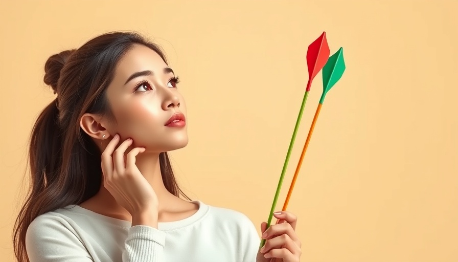 Comparison concept with woman and arrows in photorealistic illustration.
