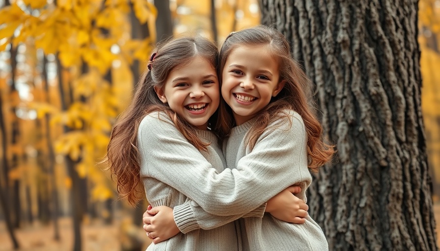 Joyful young girls hugging in autumn forest celebrating Youth Engagement in the SDA Community.