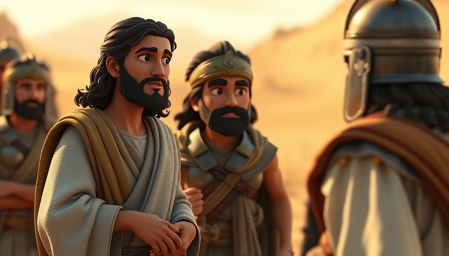 Jesus tested in the wilderness with a warrior in cinematic cartoon style.
