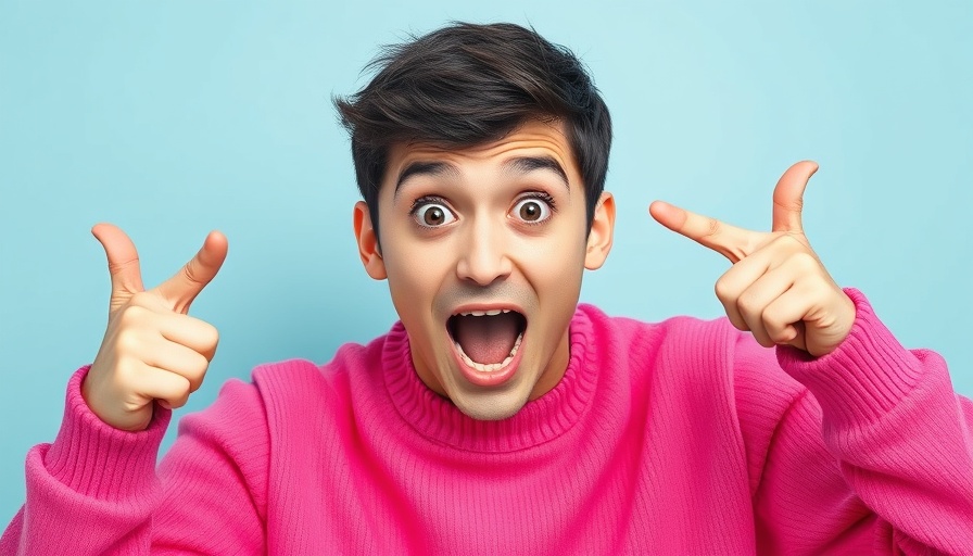 Surprised young man in pink sweater pointing at himself, AI Search and Chatbots in SEO.