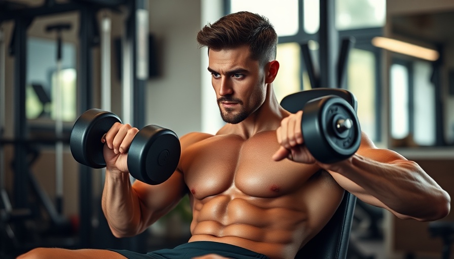 Muscular man doing seated Arnold press in home gym for shoulder building.