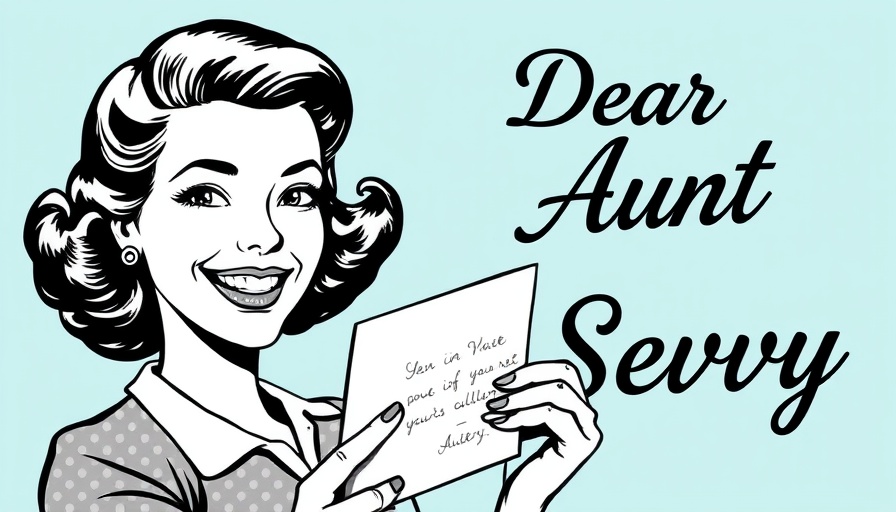 Retro illustration with 'Dear Aunt Sevvy' text on light blue background.