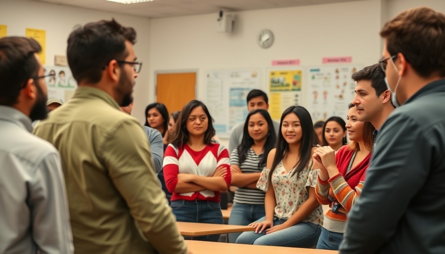 Diverse community discussing in classroom setting.