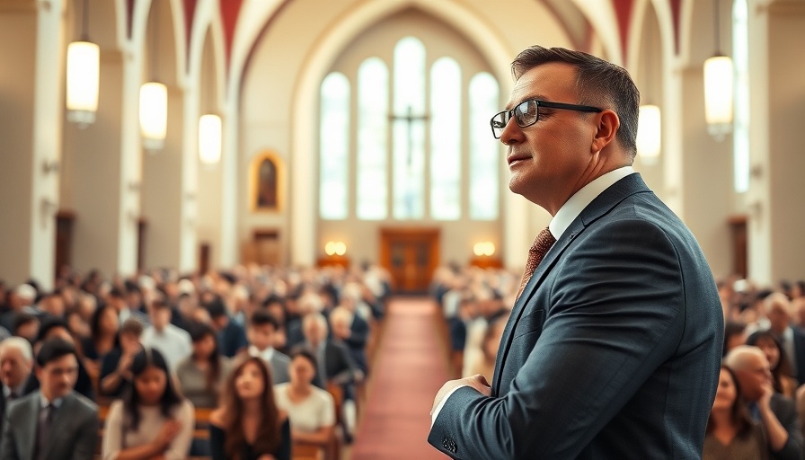 Man humorously addressing church congregation for fundraising appeal.