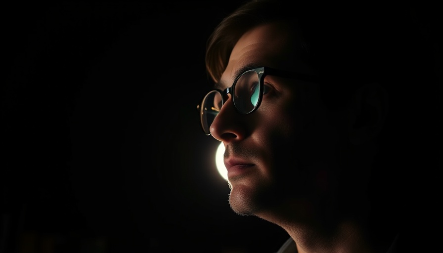 Thoughtful man with glasses in dark setting representing the future of AI.