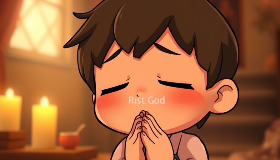 Cartoon character praying with closed eyes, surrendering to God brings hope, warm lighting.