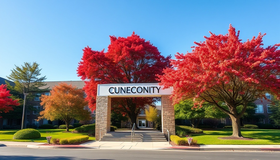 University campus entrance with lush greenery and clear skies.