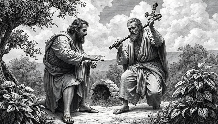 Historical biblical engraving depicting conflict and nature.