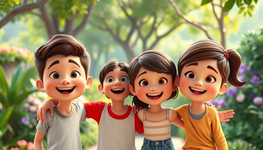 Animated joyful friends in garden, 3D style, friends who love Jesus.