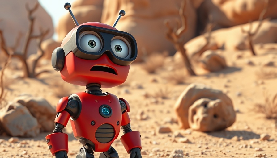 Cartoon robot in rocky desert, playful 3D style.