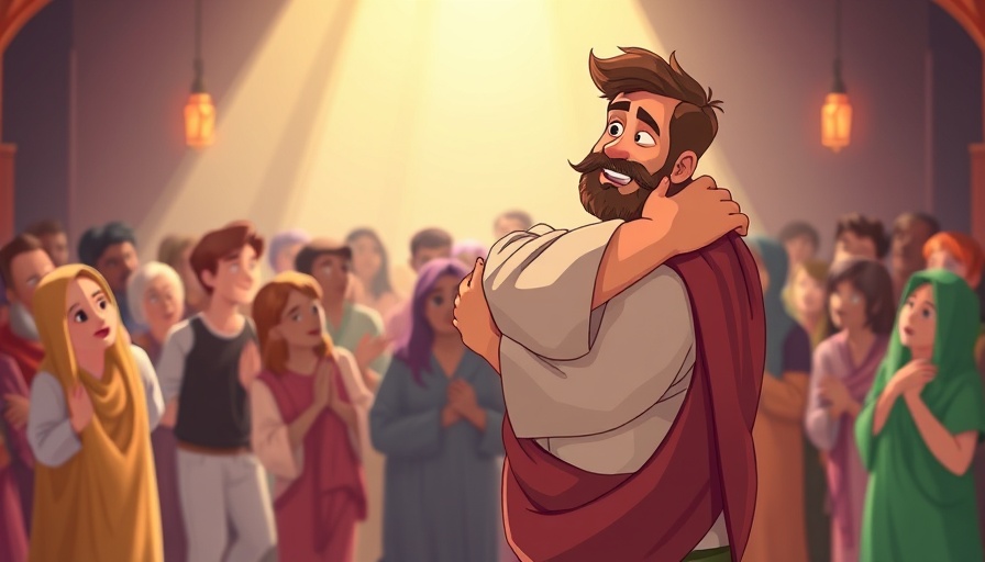 Cartoon scene of two men embracing, receiving the Holy Spirit.