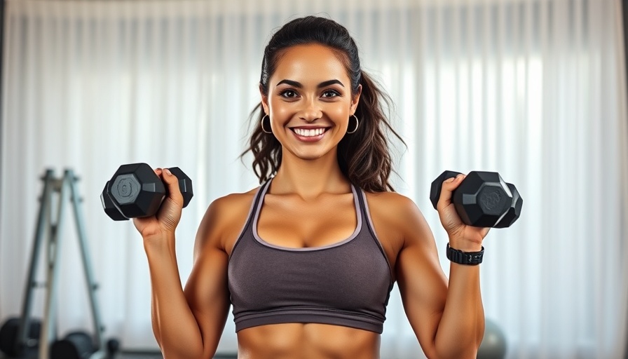 Smiling woman holding dumbbells in fitness setting.
