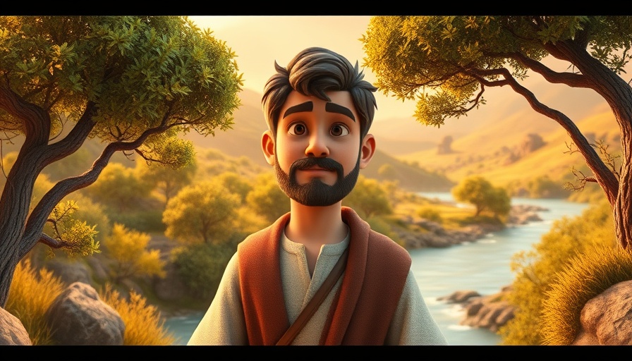 3D animated biblical character in a scenic setting, Superbook for SDA Families.