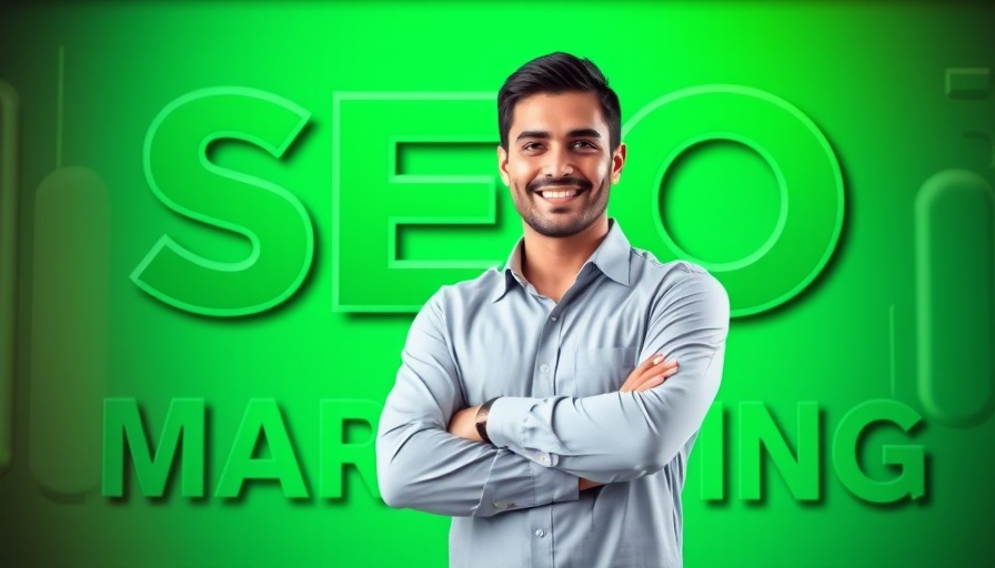 SEO expert featured in digital marketing advertisement, green background.