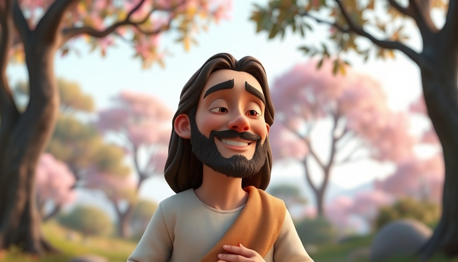 Following Jesus to Know His Heart: Animated Jesus smiling in a serene cartoon setting.