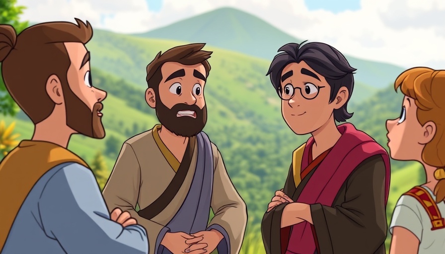 Animated characters sharing the gospel outdoors in a lush landscape.