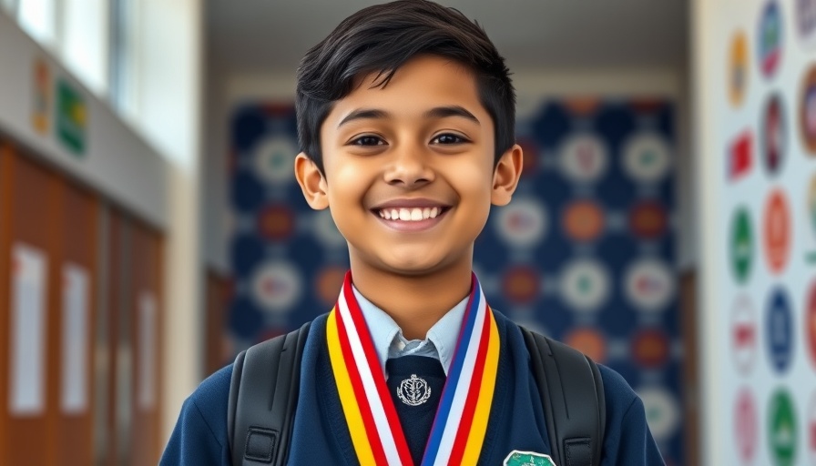Adventist Bolivian student proudly displays medals in school uniform with logos.