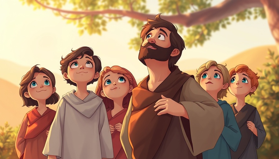 Inspirational animated scene from Superbook with children gazing up.