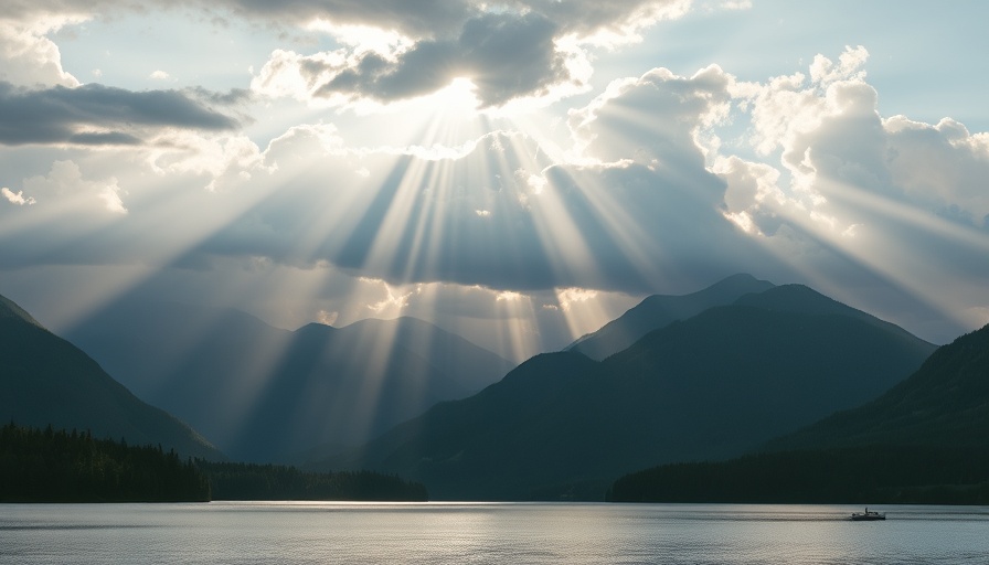 Dramatic clouds and sunbeams over a tranquil lake