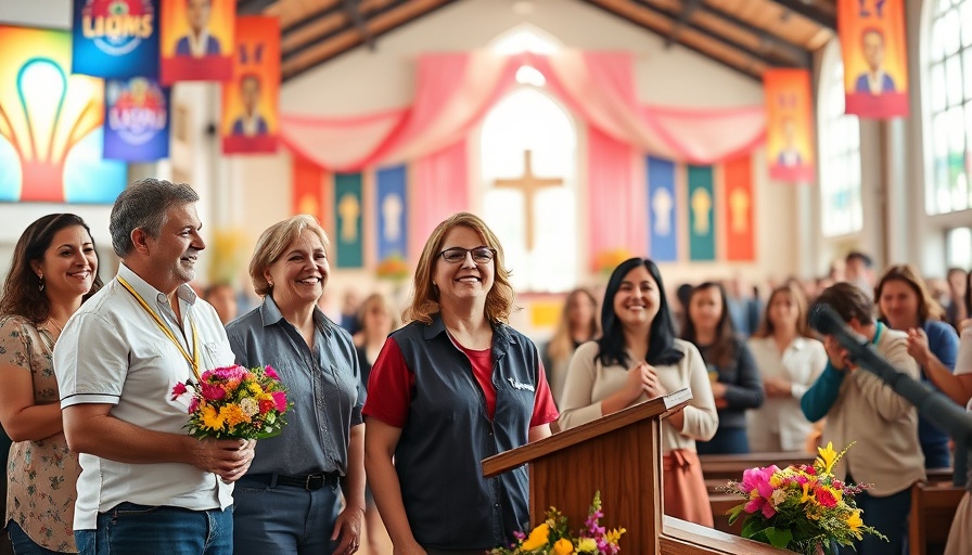 Vacation Bible School parental volunteers on stage announcing.