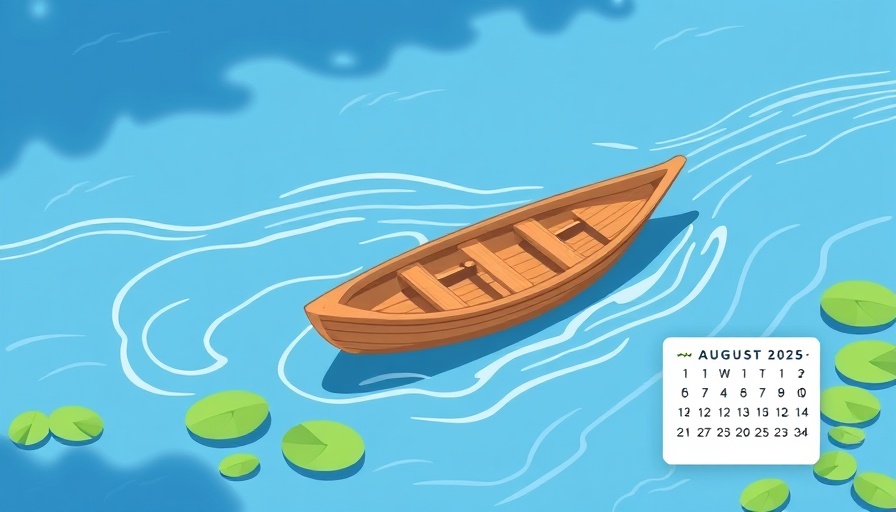 August 2025 Desktop Wallpapers: Stylized calendar with boat and waterway.