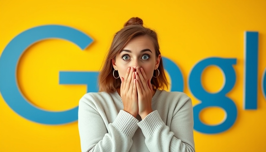 Surprised woman beside Google logo on yellow background.