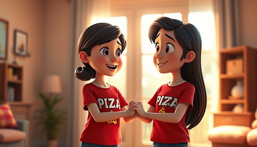 Animated mother and child showing love, matching pizza shirts, warm setting.